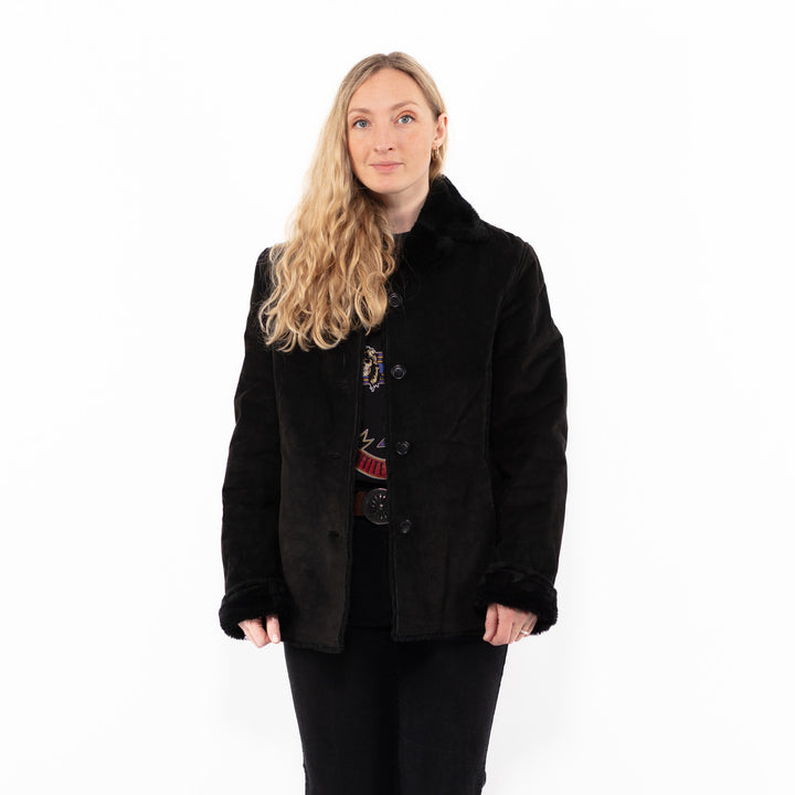 Vintage 90's Women Suede Sherpa Jacket in BlackA0882