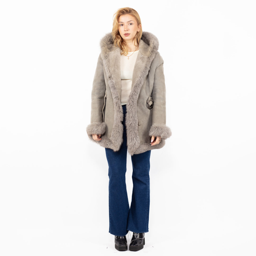 Vintage 90's Hooded Penny Lane Sheepskin Coat in Gray