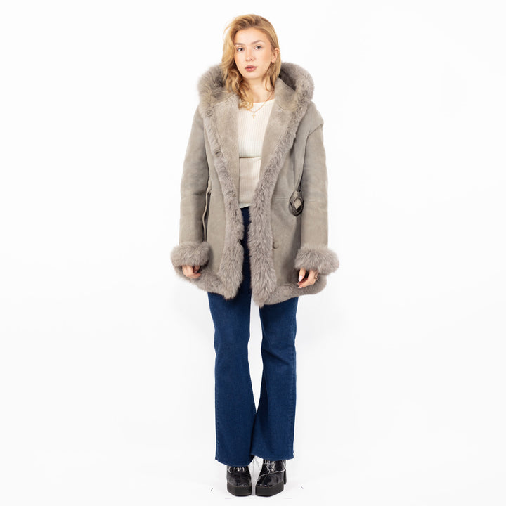 Vintage 90's Hooded Penny Lane Sheepskin Coat in Gray