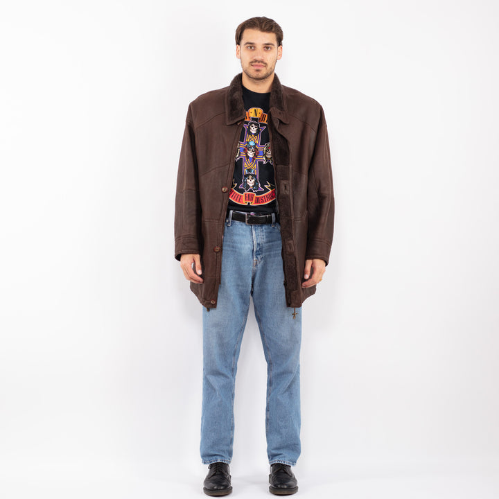 Vintage 90's Men Sheepskin Leather Coat in Brown