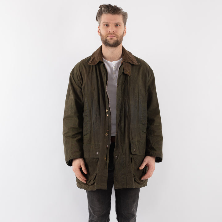 Vintage 80's Men Waxed Cotton Jacket in GreenZ894