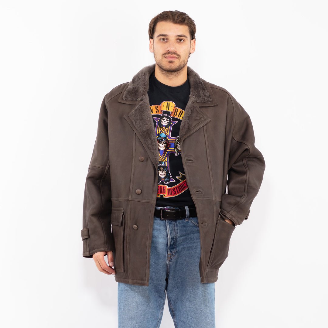 Vintage 80's Men Sheepskin Coat in Gray Brown