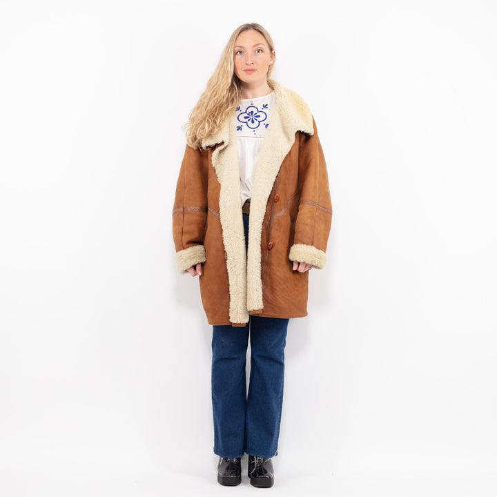 Vintage 80's Women Sheepskin Shearling Coat in Orange