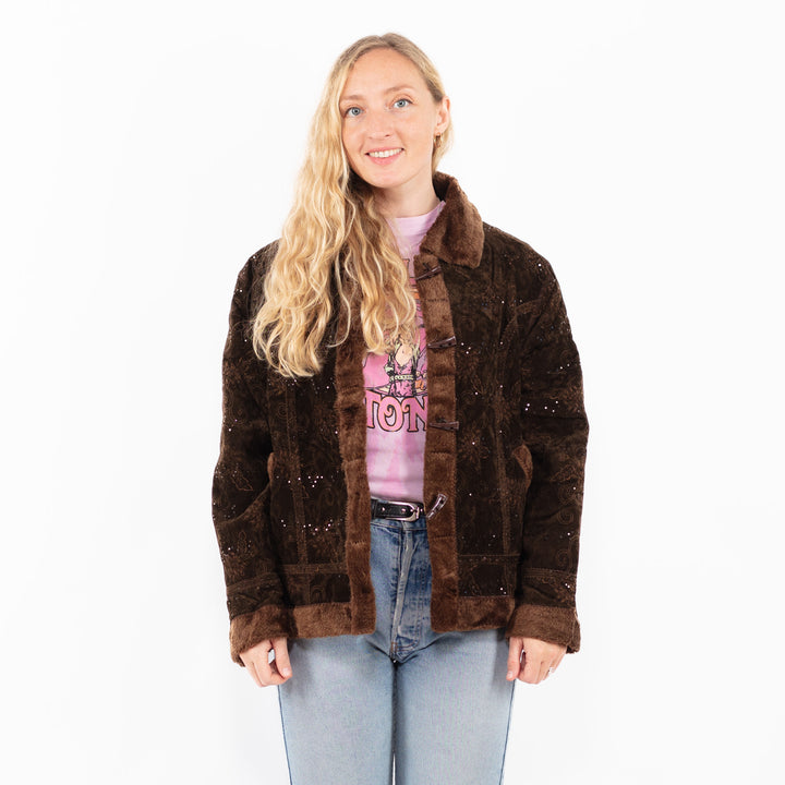 Vintage 90's Women Faux Sheepskin Jacket in BrownA0508