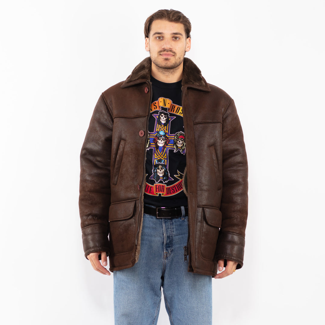 Vintage 90's Men Faux Sheepskin Coat in Dark Brown