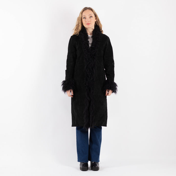 Vintage 90's Women Suede Sherpa Coat in Black