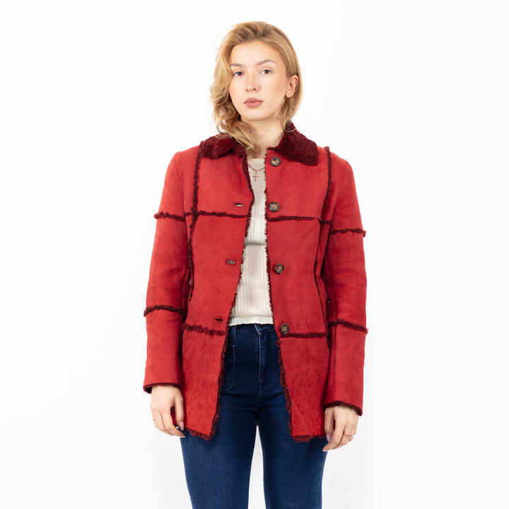 Vintage 90's Women Sheepskin Jacket in Red