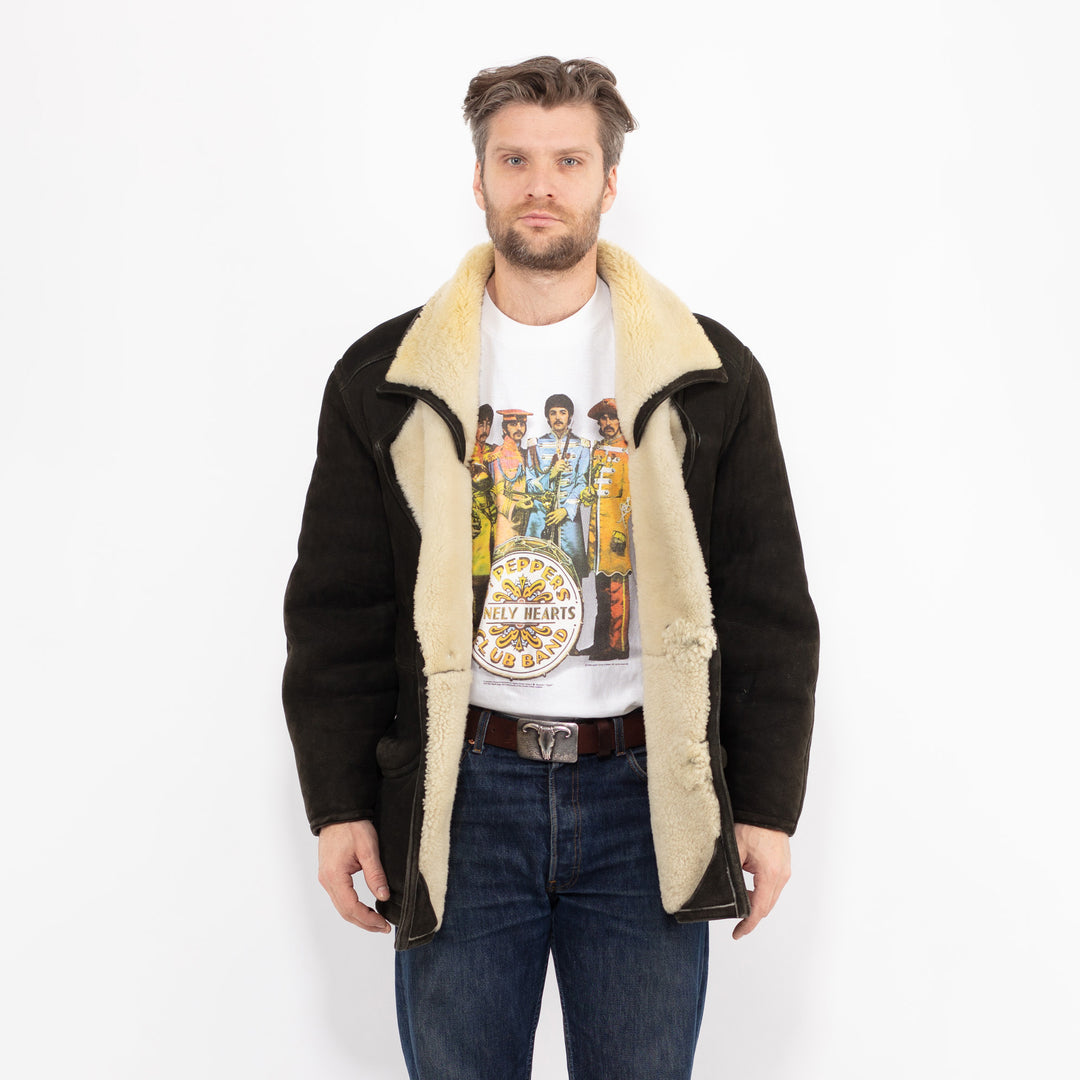 Vintage 80's Men Sheepskin Coat in BlackZ2655