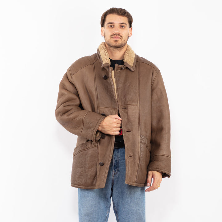Vintage 80's Men Shearling Leather Coat in Brown