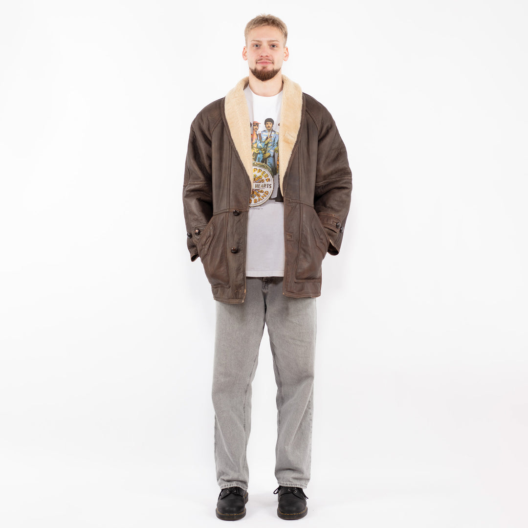 Vintage 90's Men Sheepskin Shearling Coat in Brown