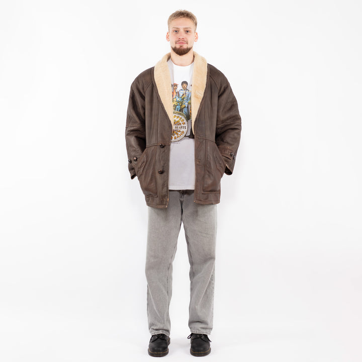 Vintage 90's Men Sheepskin Shearling Coat in Brown