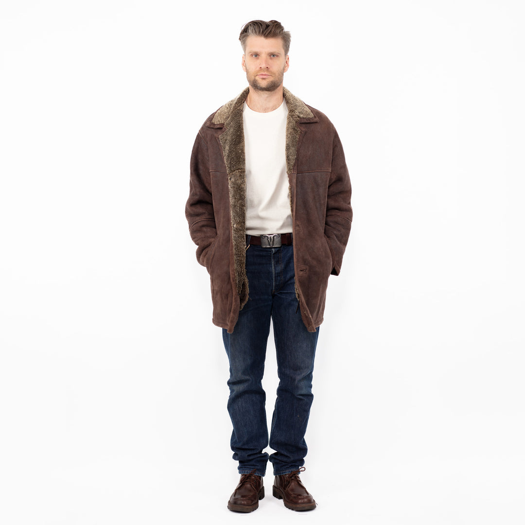 Vintage 90's Men Sheepskin Shearling Coat in Brown