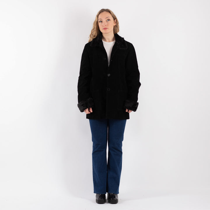 Vintage 90's Women Suede Sherpa Coat in Black