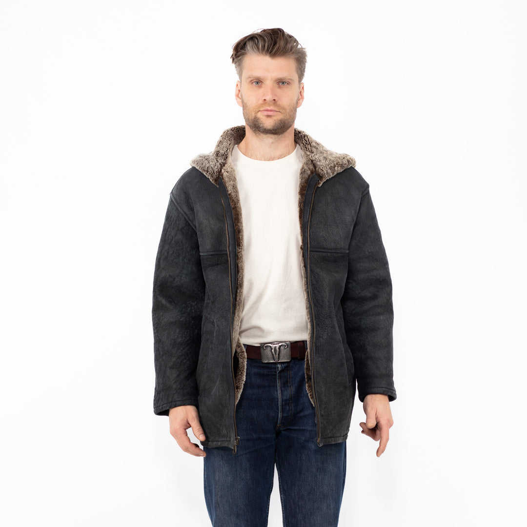Vintage 90's Men Hooded Sheepskin Shearling Coat in Black