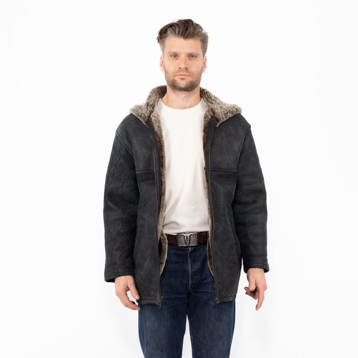 Vintage 90's Men Hooded Sheepskin Shearling Coat in Black