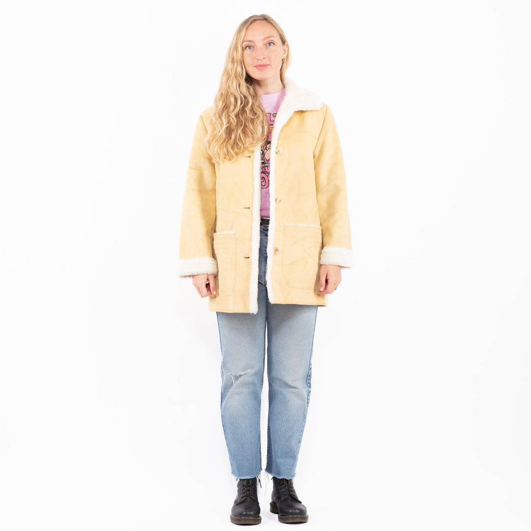 Vintage 90's Women Faux Sheepskin Coat in YellowA0516