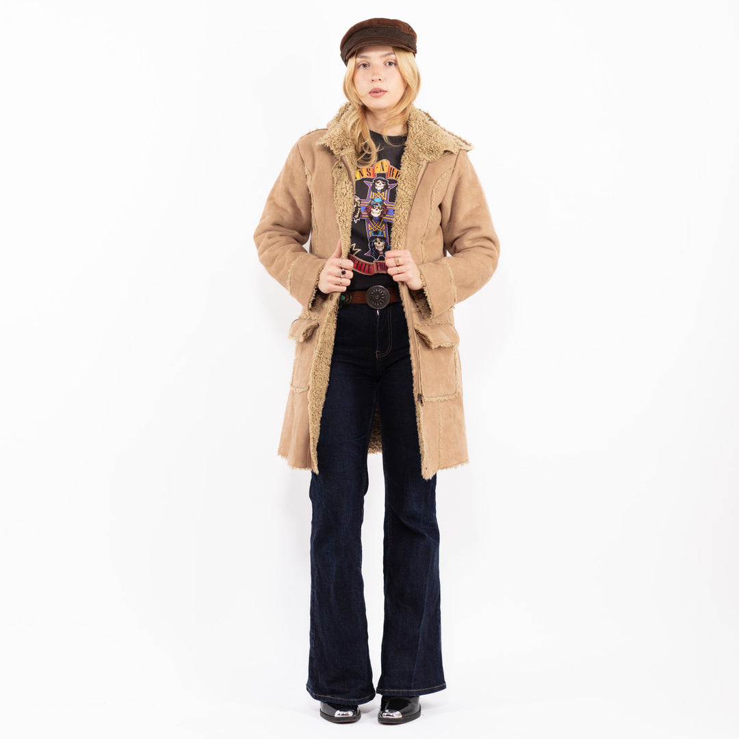 Vintage 90's Women Faux Sheepskin Coat in Beige