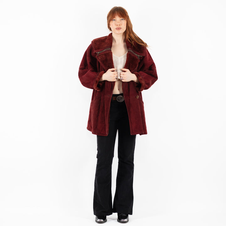 Vintage 80's Women Sheepskin Shearling Coat in RedV9764
