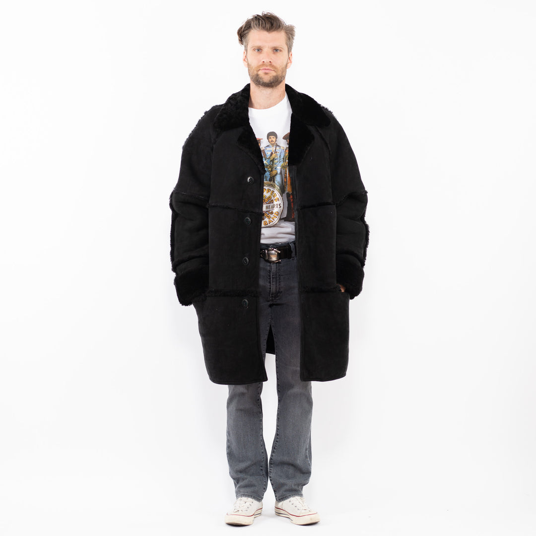 Vintage 80's Men Sheepskin Coat in BlackZ1933