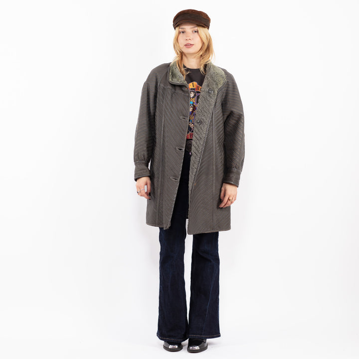 Vintage 80's Women Striped Sheepskin Coat in Gray
