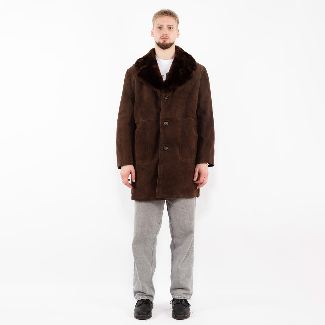 Vintage 70's Men Sheepskin Shearling Coat in Brown