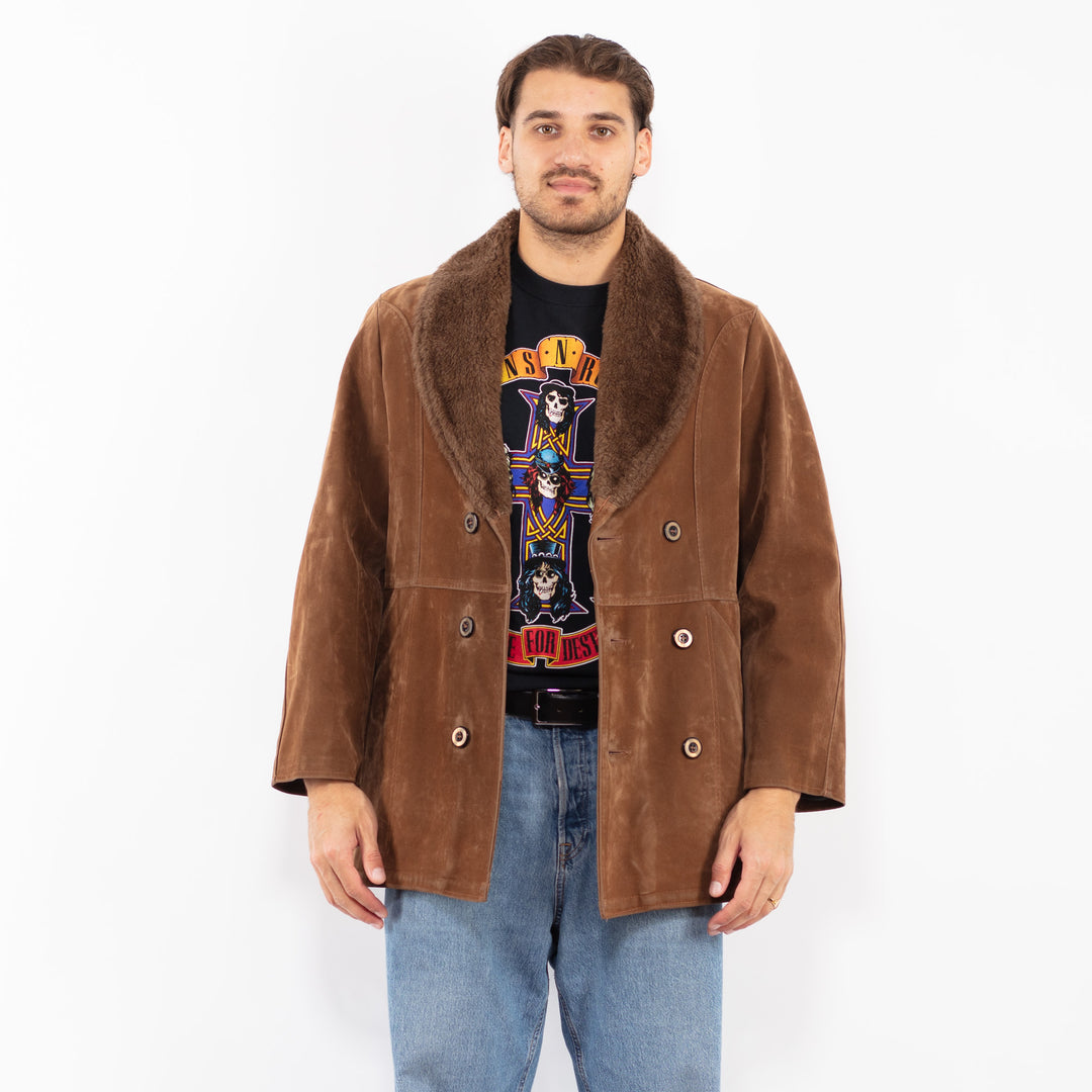 Vintage 80's Men Faux Sheepskin Coat in Brown