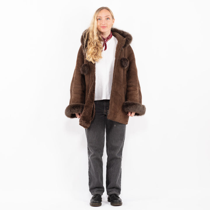 Vintage 90's Women Sheepskin Shearling Coat in BrownA0614