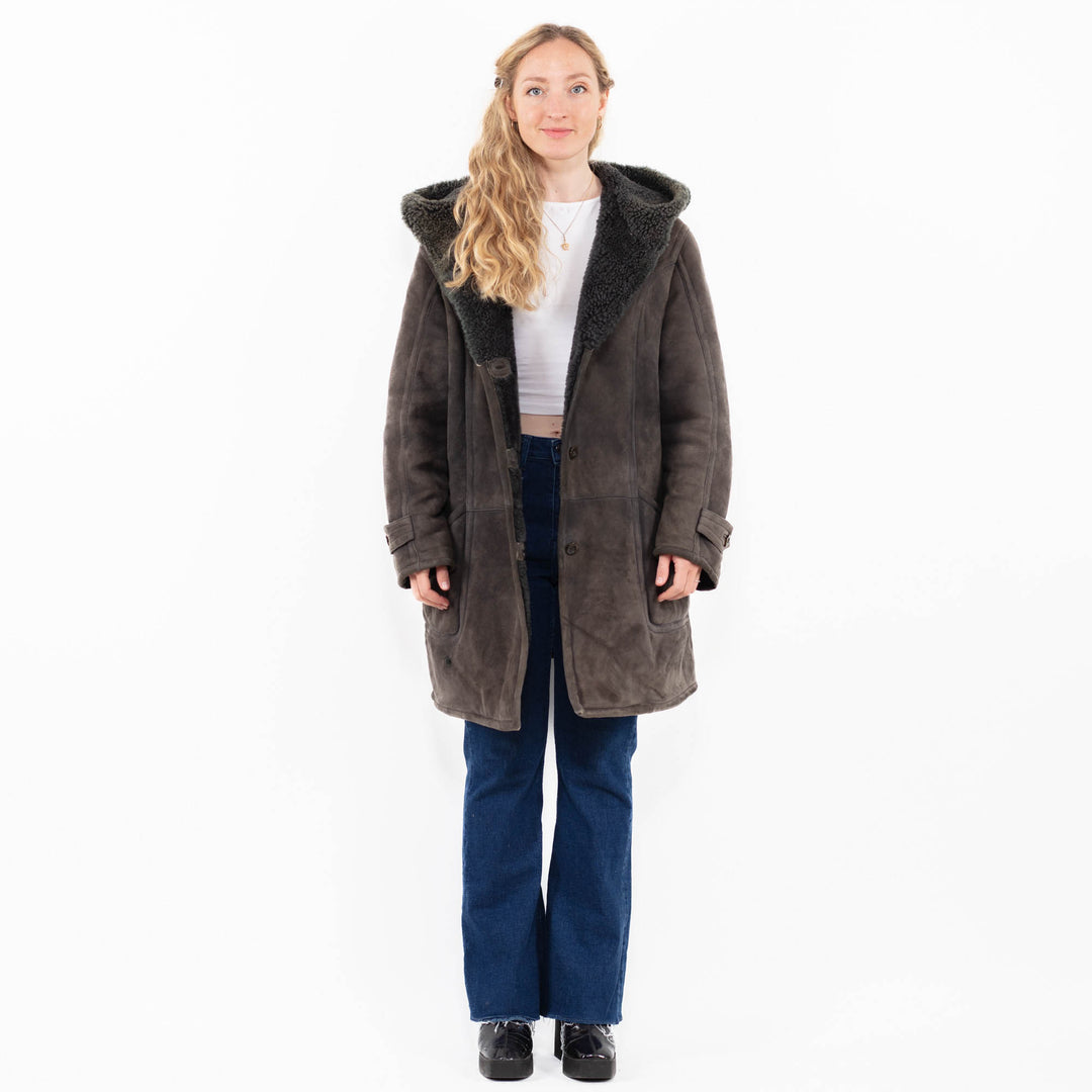 Vintage 90's Women Hooded Sheepskin Coat in Gray
