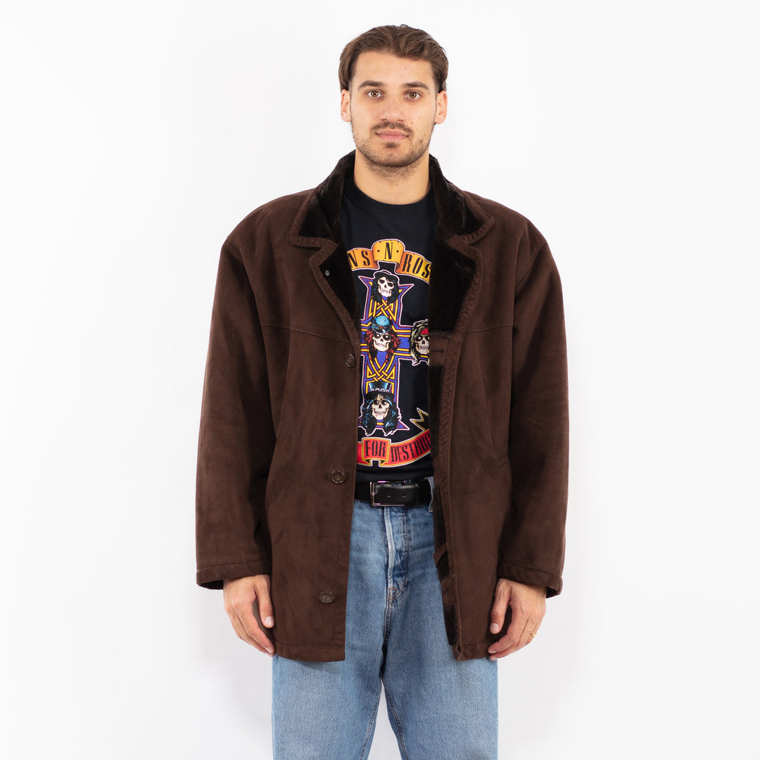 Vintage 80's Men Faux Sheepskin Coat in Brown
