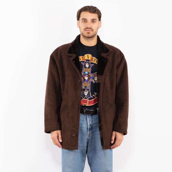 Vintage 80's Men Faux Sheepskin Coat in Brown