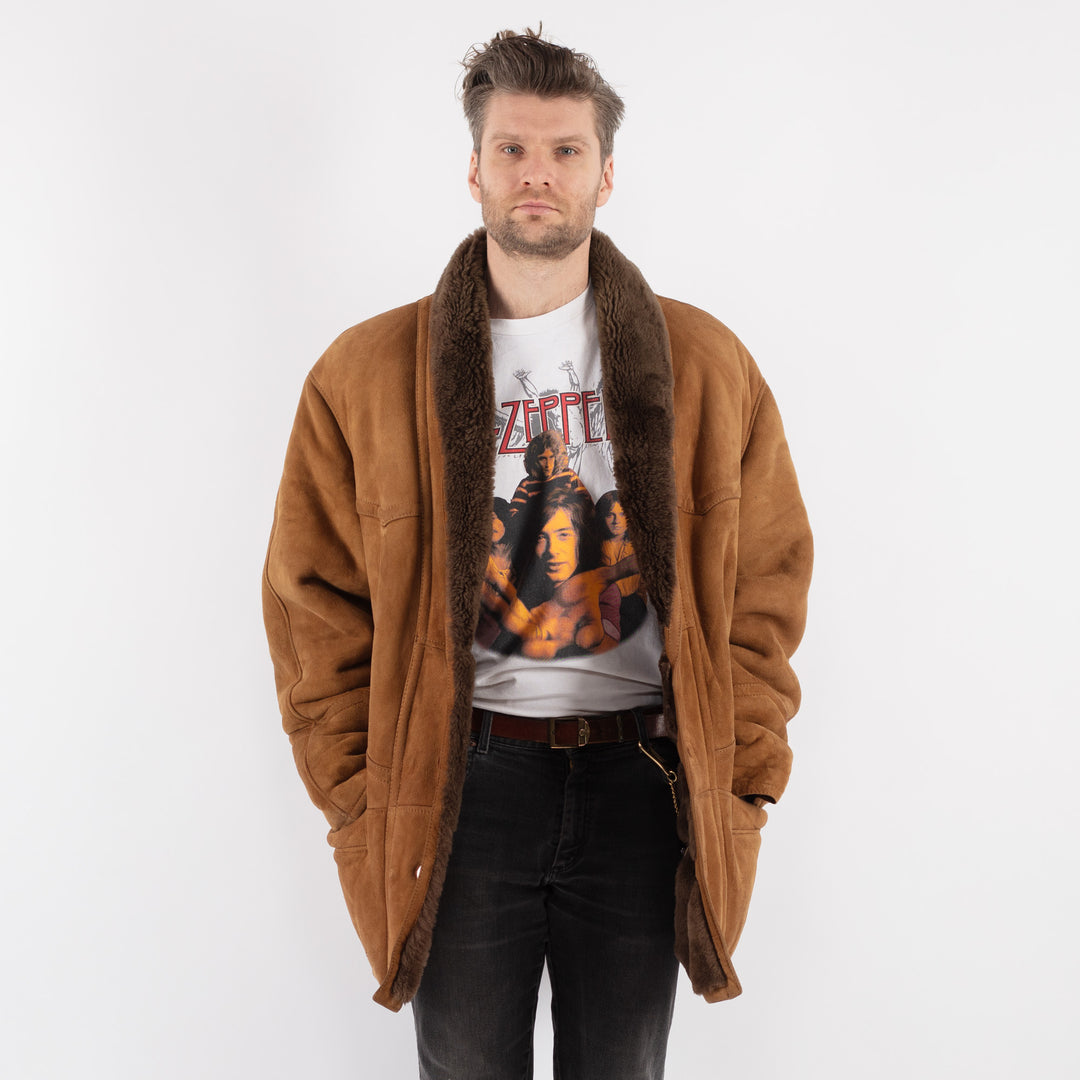 Vintage 80's Men Sheepskin Shearling Coat in Brown