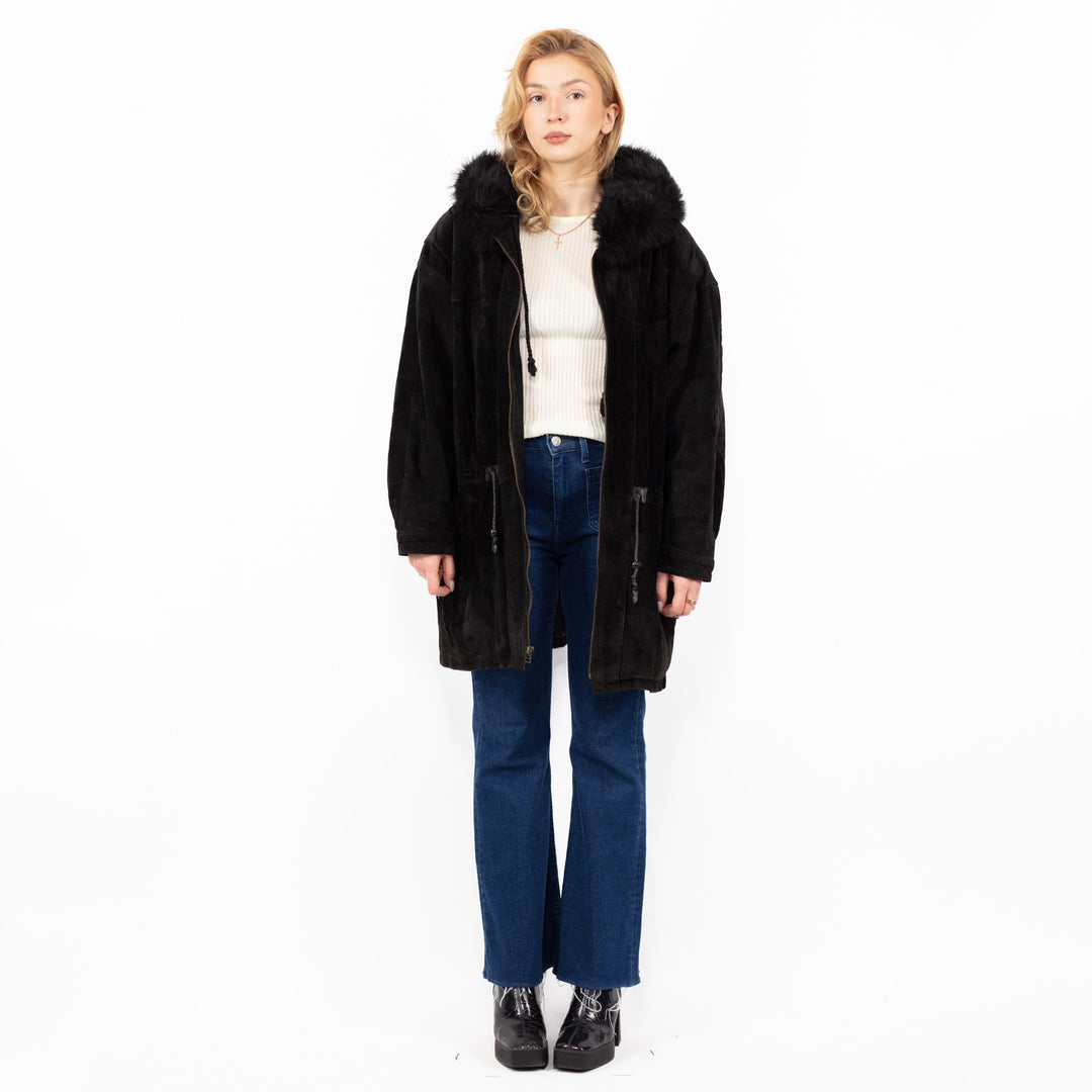 Vintage 90's Women Hooded Suede Coat in Black