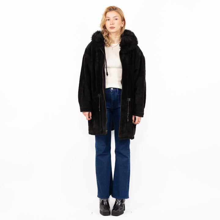 Vintage 90's Women Hooded Suede Coat in Black