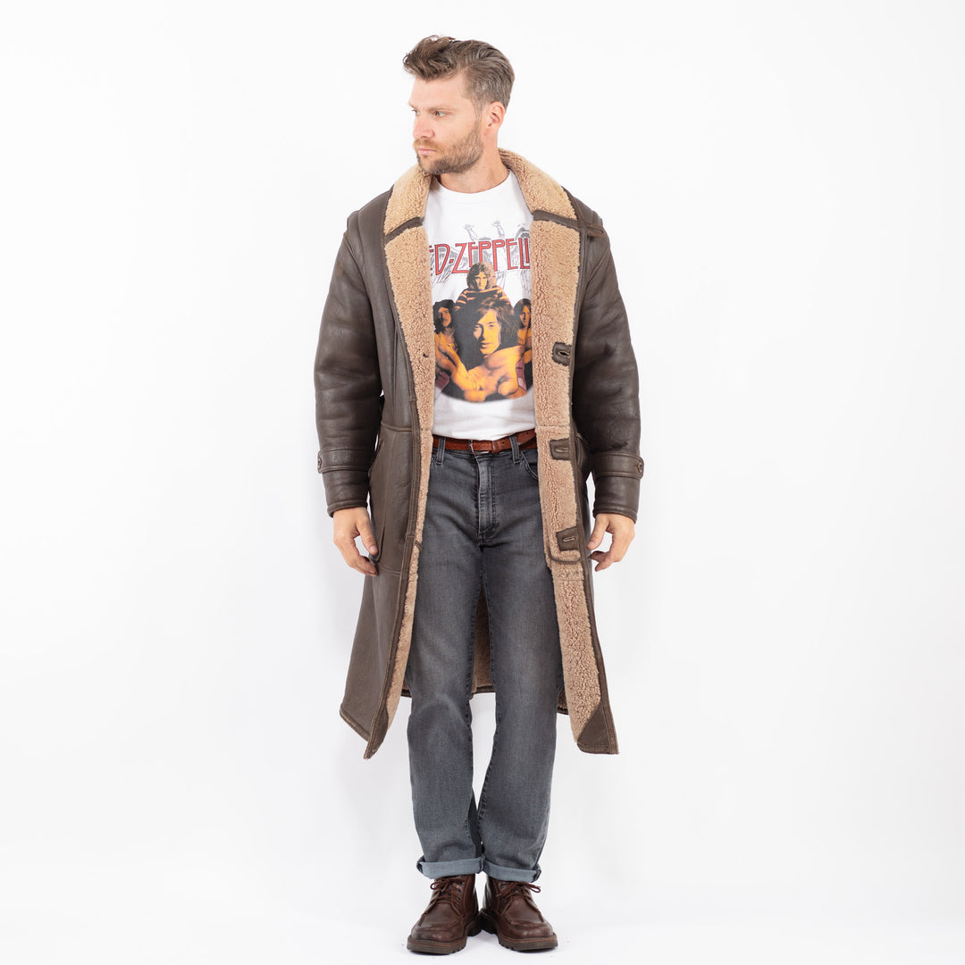 Vintage 80's Men Sheepskin Shearling Coat in BrownZ2286