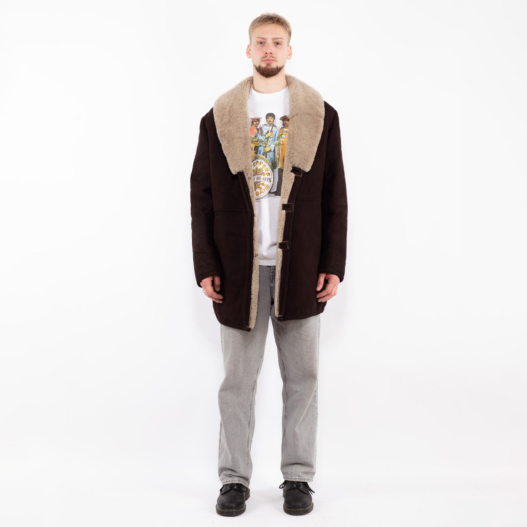 Vintage 70's Men Sheepskin Shearling Coat in Brown