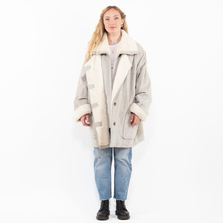Vintage 90's Women Suede Sherpa Coat in GrayA0271