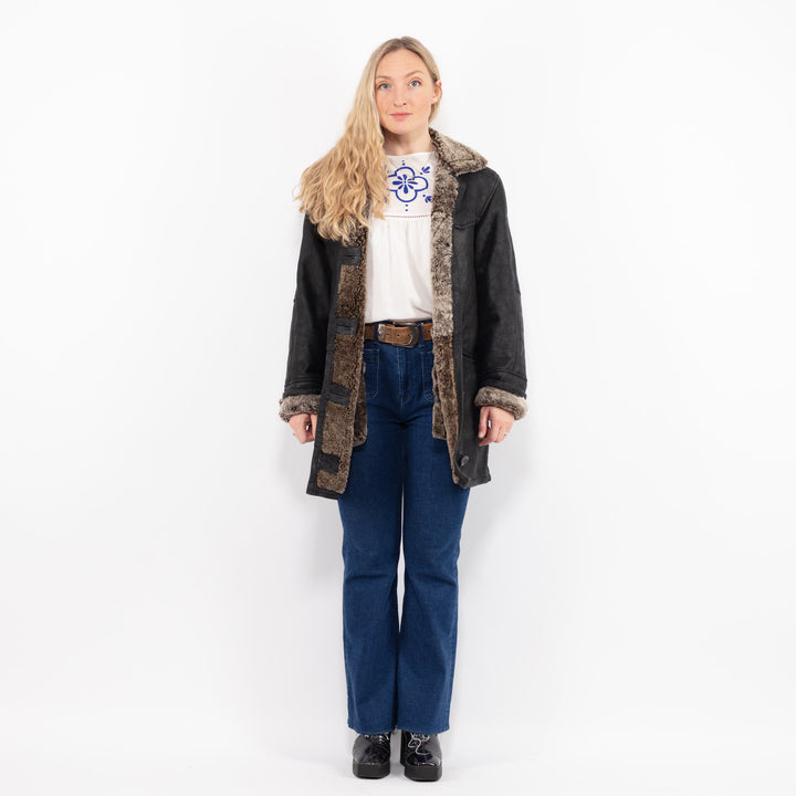 Vintage 90's Women Sheepskin Shearling Coat in BlackA1004