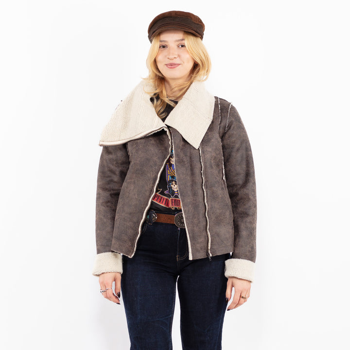 Vintage 00's Women Faux Sheepskin Jacket in Brown