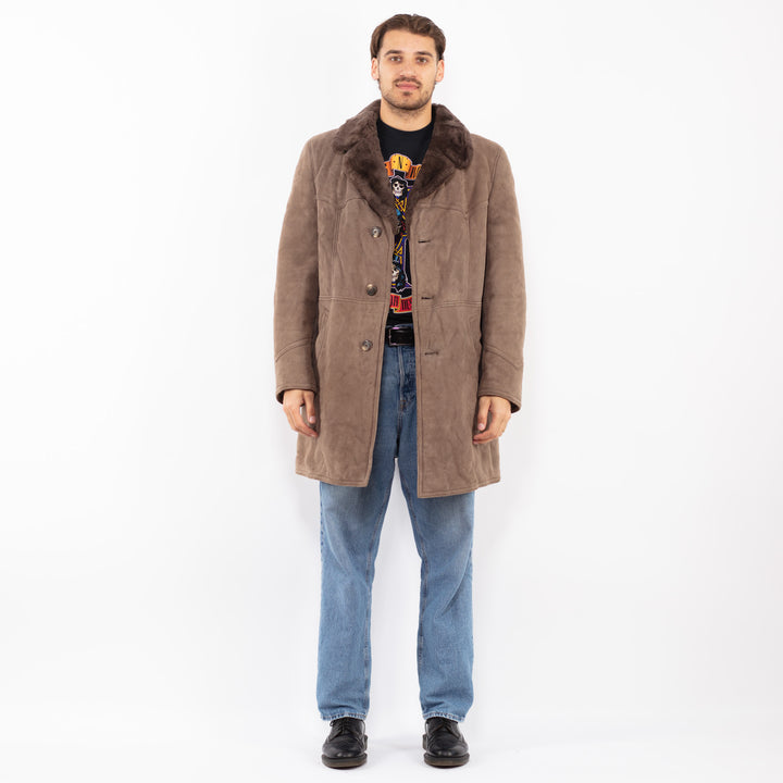 Vintage 70's Men Sheepskin Shearling Coat in Gray