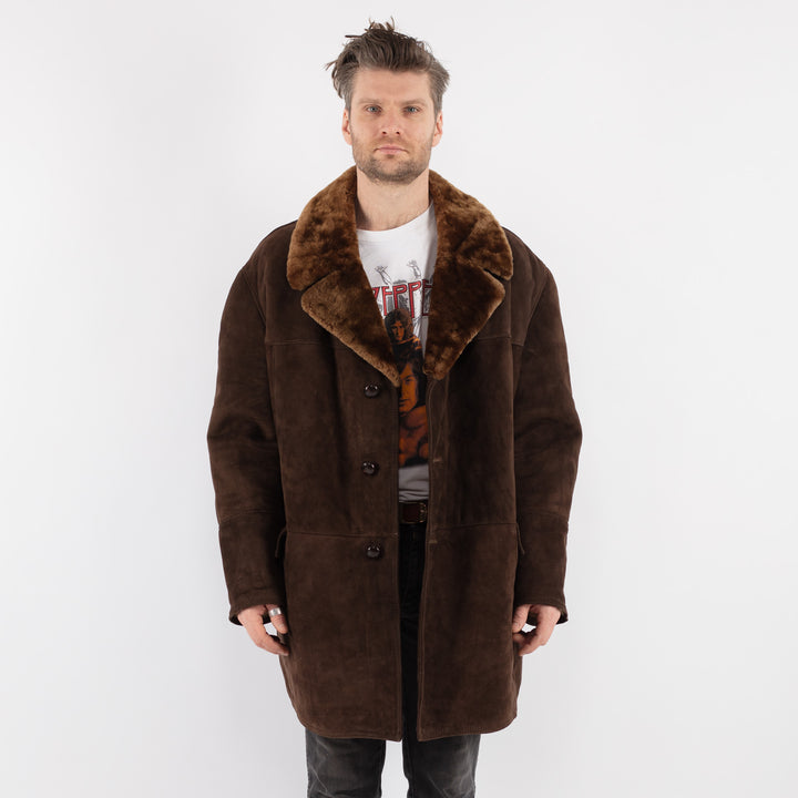 Vintage 70's Men Sheepskin Shearling Coat in Brown - NorthernGrip