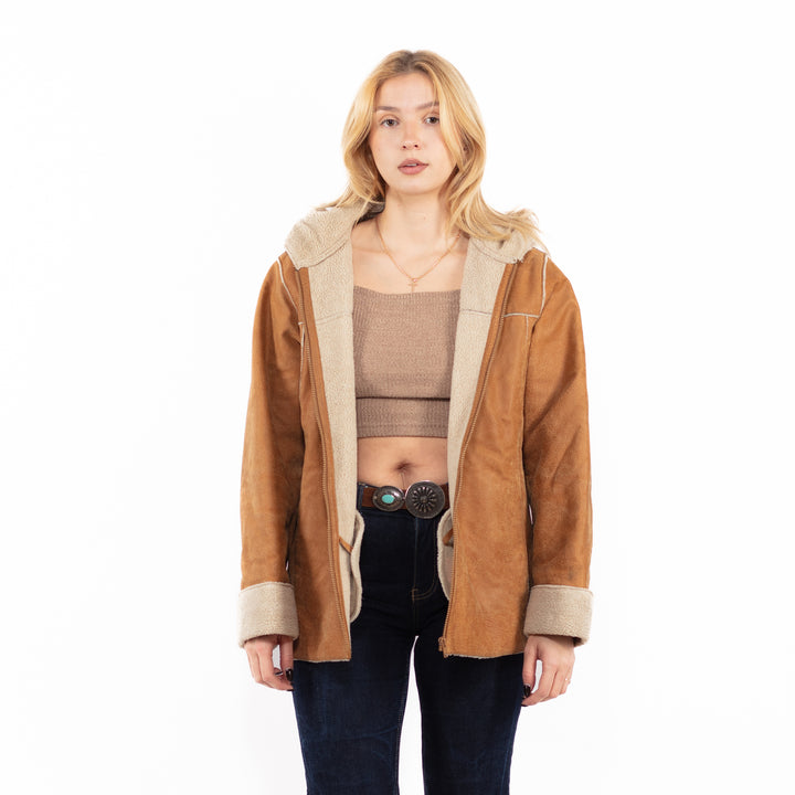 Vintage 90's Women Hooded Suede Sherpa Jacket in Brown