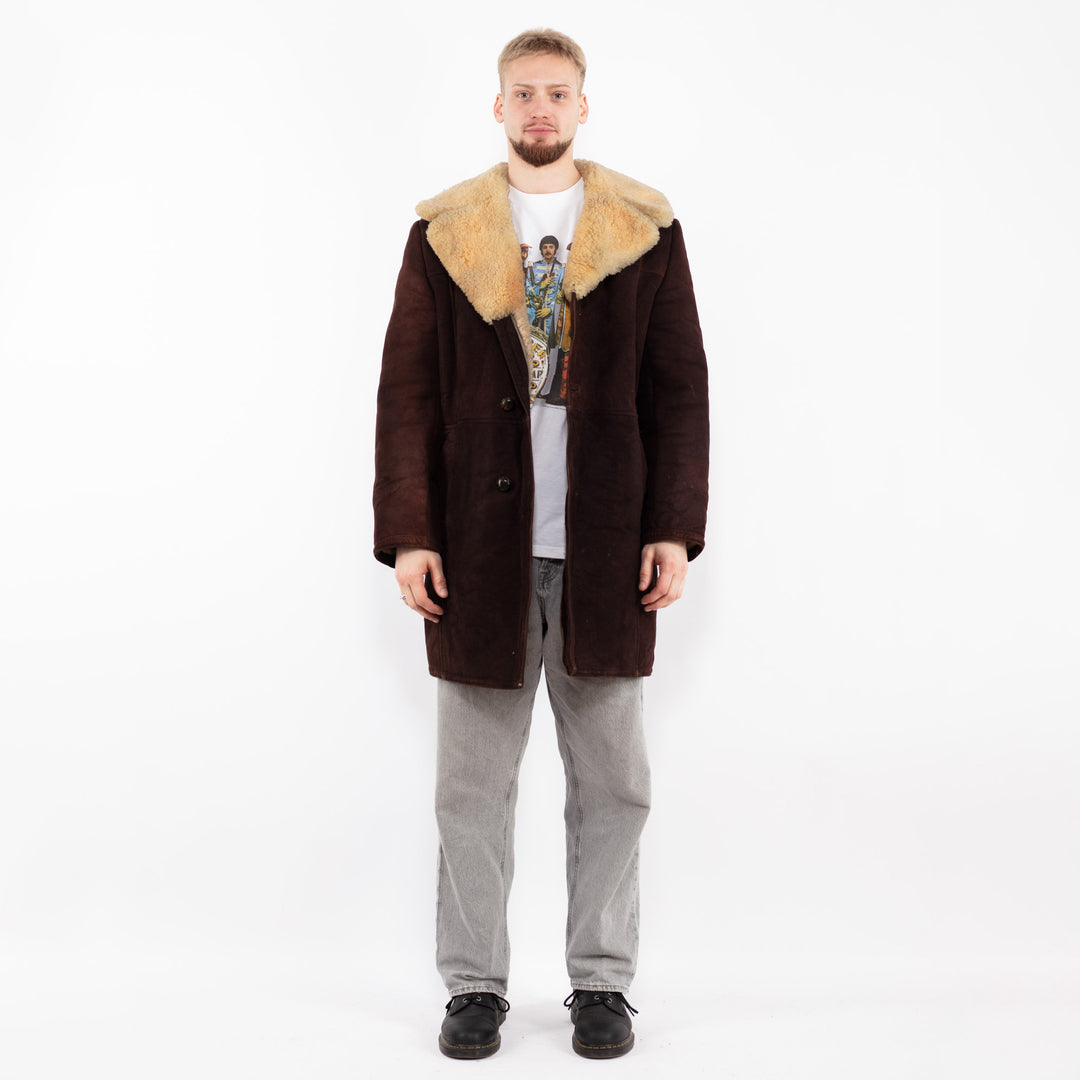 Vintage 70's Men Sheepskin Shearling Coat in Brown
