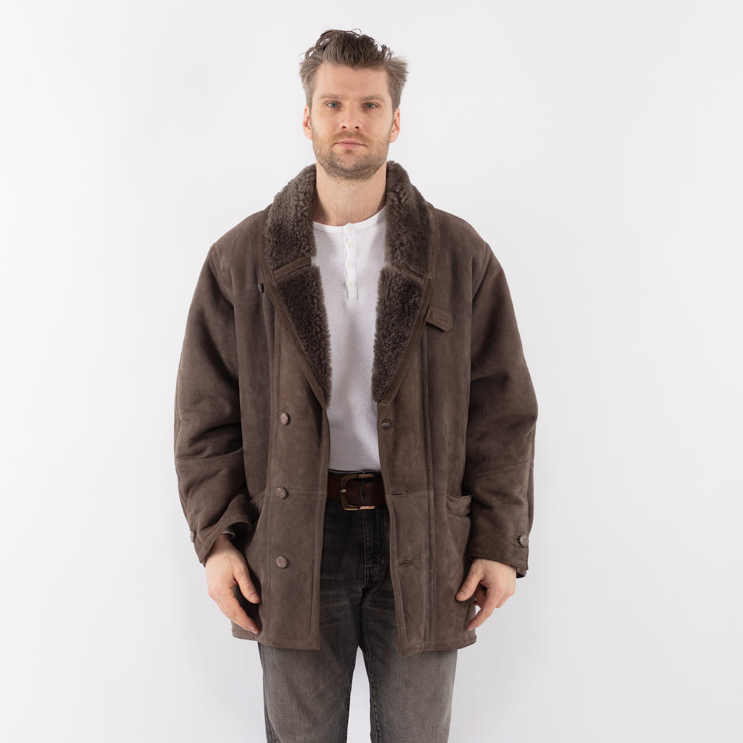 Vintage 80's Men Sheepskin Shearling Coat in BrownZ1124