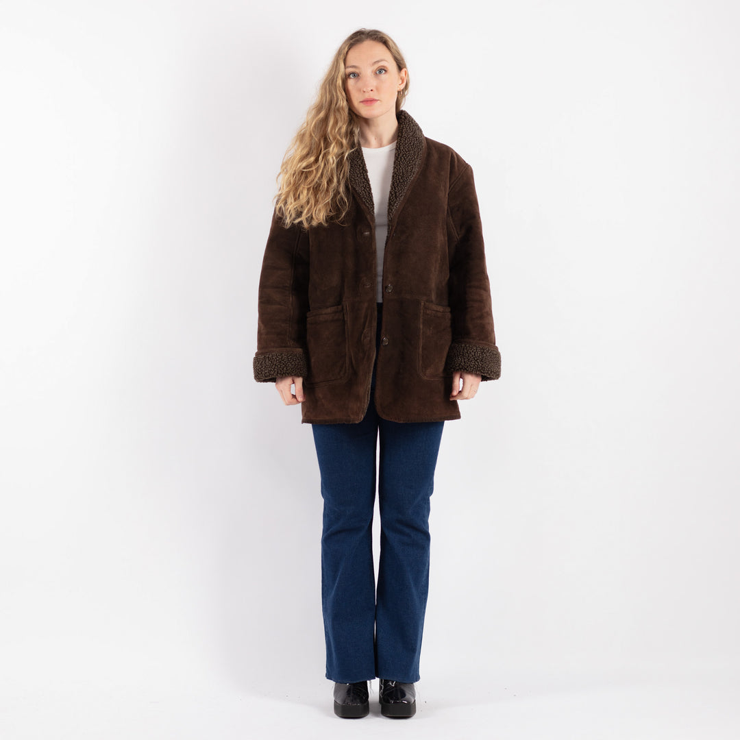 Vintage 90's Women Suede Sherpa Coat in Brown