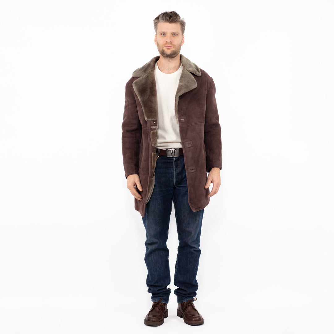 Vintage 70's Men Sheepskin Coat in Burgundy Brown