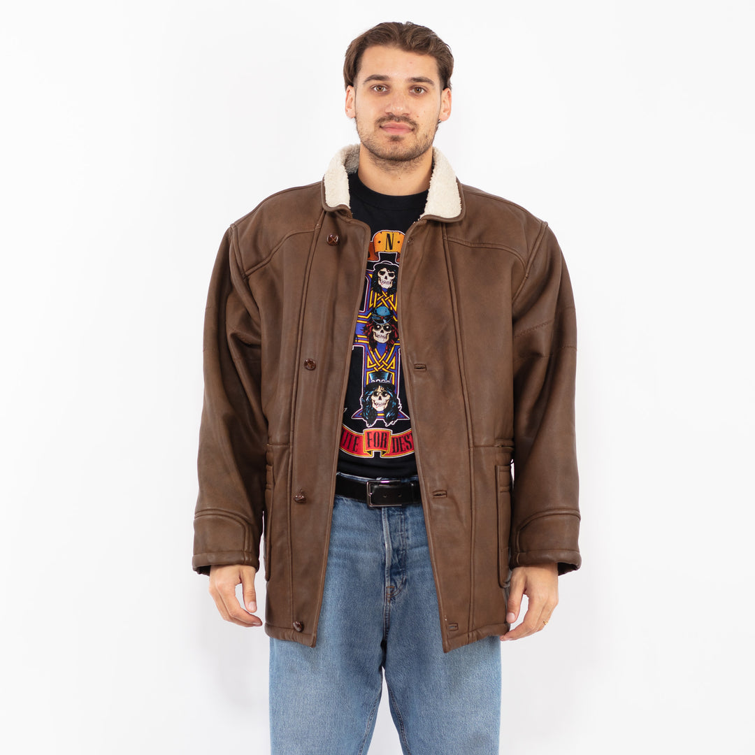 Vintage 90's Men Faux Sheepskin Coat in Brown
