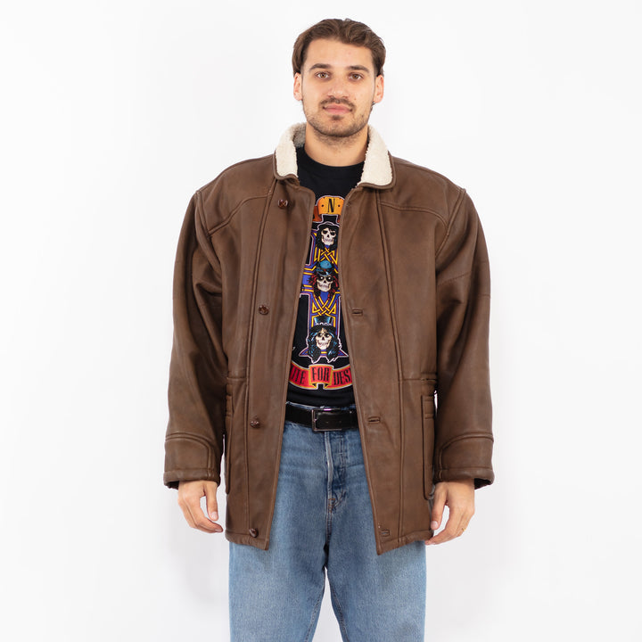 Vintage 90's Men Faux Sheepskin Coat in Brown