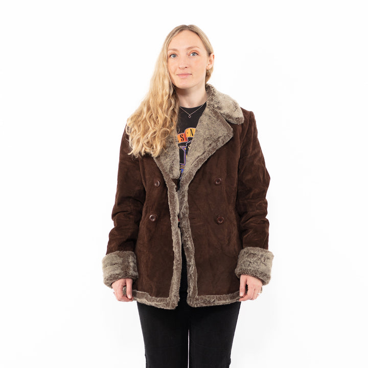 Vintage 90's Women Suede Sherpa Coat in Brown