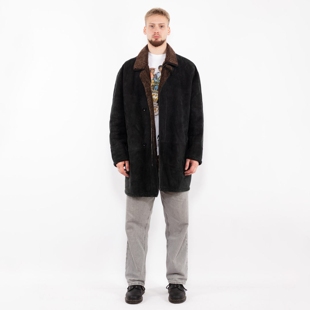 Vintage 90's Men Sheepskin Shearling Coat in Black