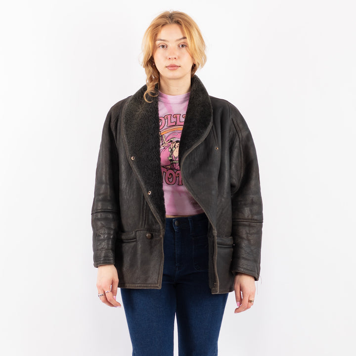 Vintage 80's Women Sheepskin Coat in GrayV9557